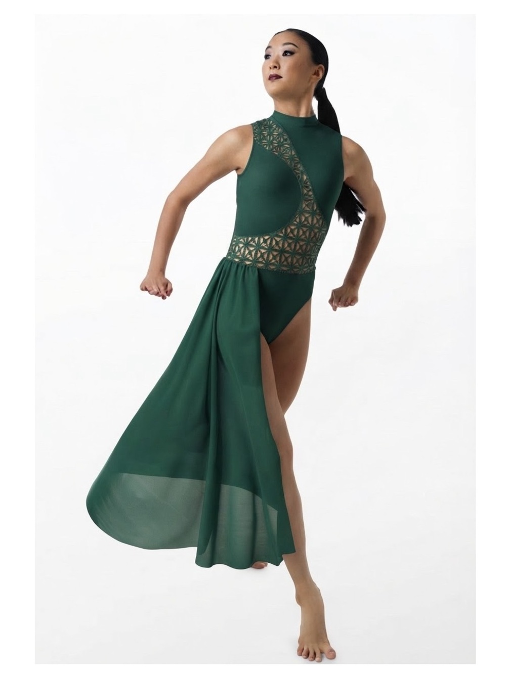 Weissman Elite | Laser Cut Dress Green High-Neck High-Low Dance Costume Dress LC